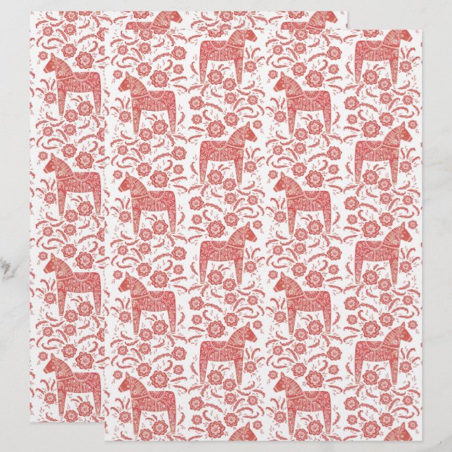 Schwedisches Dala Horse Folk Art Scrapbook Paper (Vorne/Hinten)