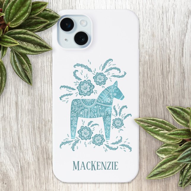 Schwedisches Dala Horse Personalisiert Aquamarin Case-Mate iPhone Hülle (Swedish Dala Horse personalized name cell phone case)