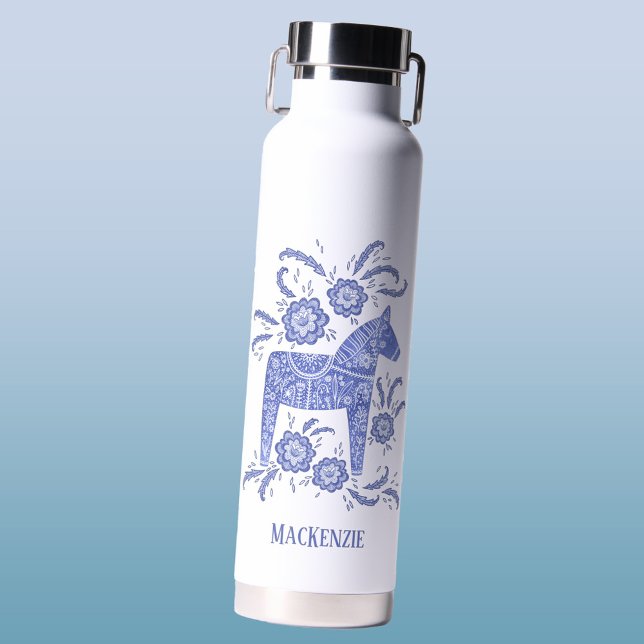 Schwedisches Dala Horse Personalisiert Trinkflasche (Swedish Dala Horse personalized blue and white water bottle)