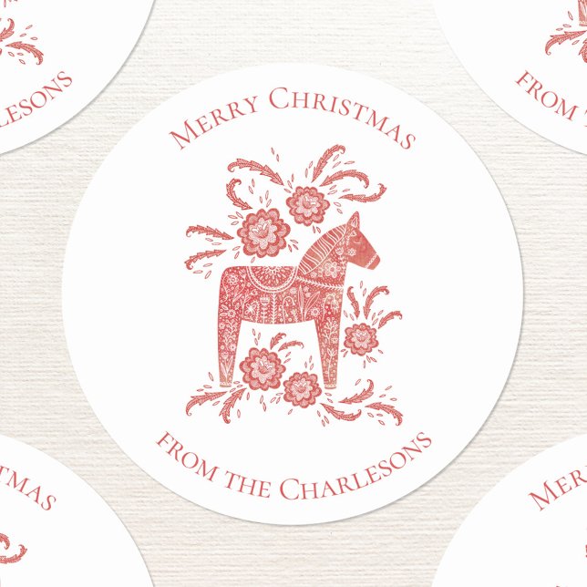 Schwedisches Dala Horse Weihnachten Runder Aufkleber (Swedish Dala horse red and white Merry Christmas personalized stickers)