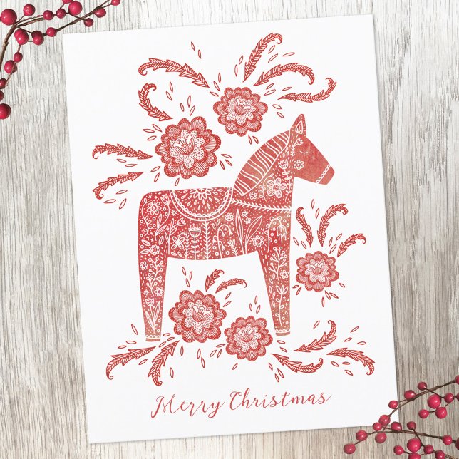 Schwedisches Dala Pferd Feiertagspostkarte (Swedish Dala Horse red and white Christmas holiday postcard)