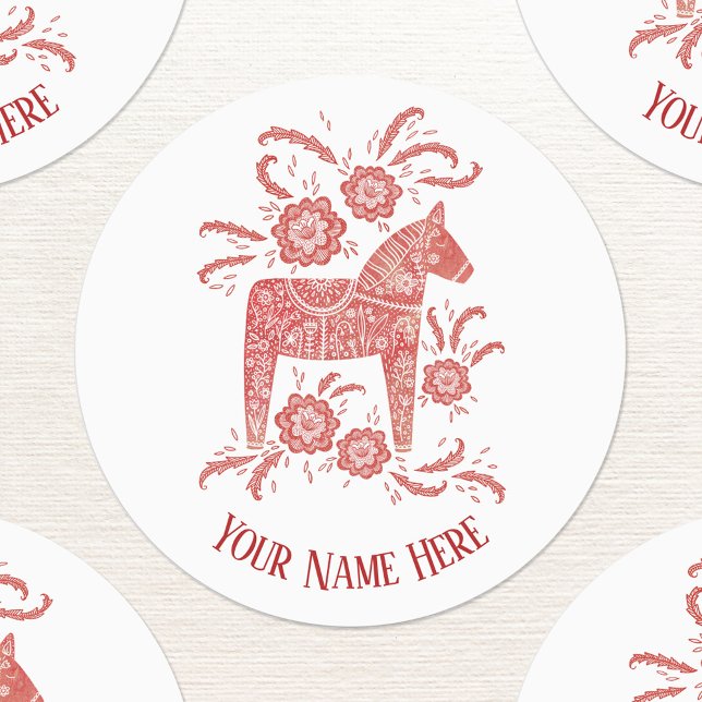 Schwedisches Dala Pferd Personalisiert rot und wei Etiketten (Personalized custom text red and white Swedish Dala Horse stickers)