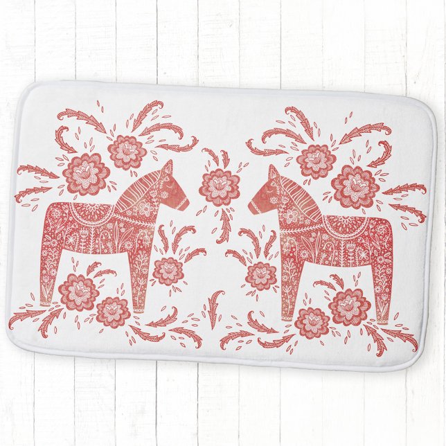 Schwedisches Dala Pferd rot und weiß Badematte (Swedish Dala Horse folk art red and white bath mat)