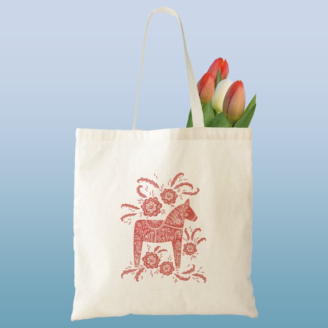 Schwedisches Dala Pferd rot und weiß Tragetasche (Red and white Swedish Dala Horse folk art tote bag)
