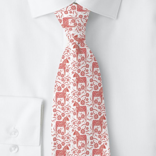 Schwedisches Dala Pferd Rot und Weiße Volkskunst K Krawatte (Swedish Dala Horse red and white folk art pattern tie)