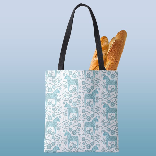 Schwedisches Dala Pferd Traditionelle Volkskunst A Tasche (Swedish Dala Horse folk art teal green and white pattern tote bag)
