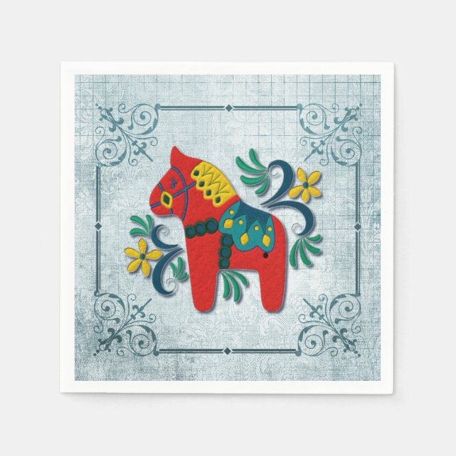 Schwedisches Dalapferd mit Norwegischem Rosemaling Serviette (Vorderseite)