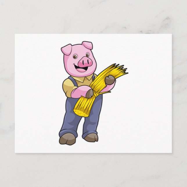 Schwein als Bauer mit Stroh Postkarte (Vorderseite)