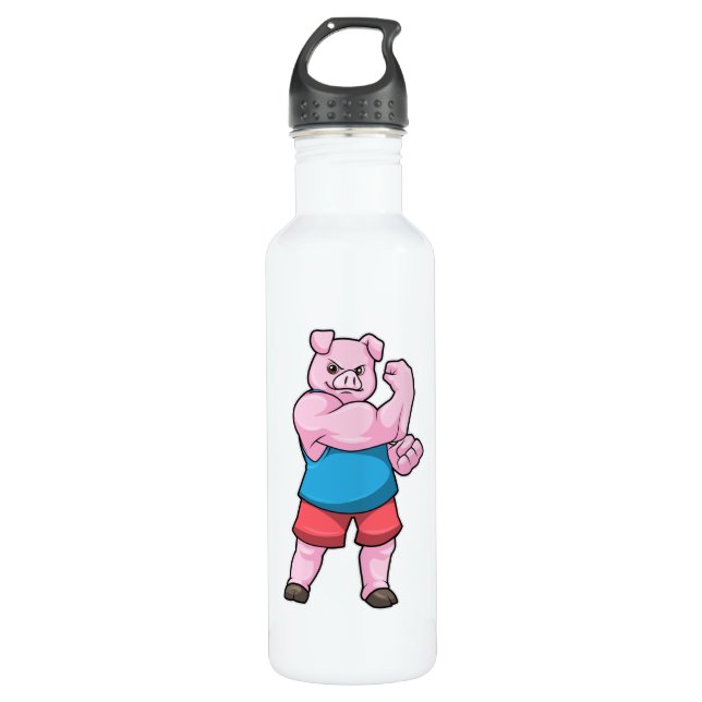 Schwein als Bodybuilder mit großem Oberarm Edelstahlflasche (Vorderseite)