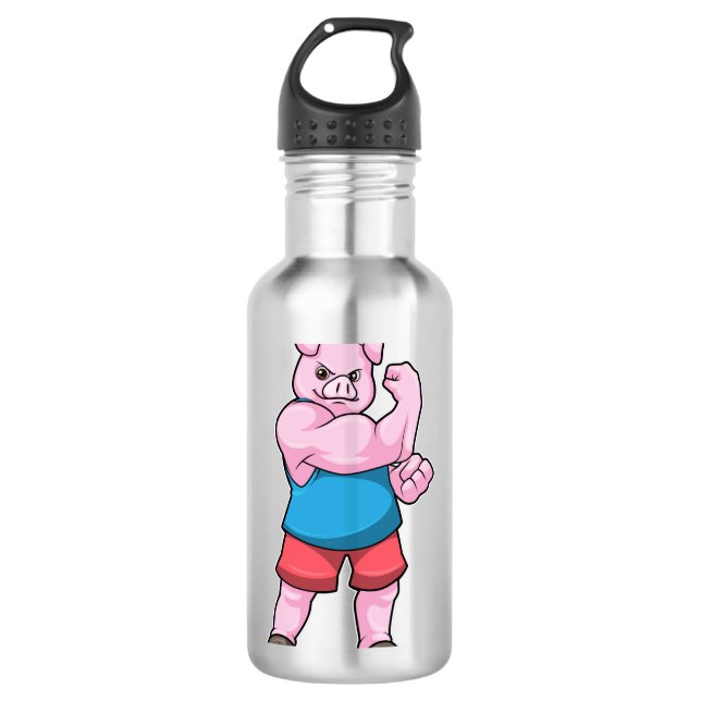 Schwein als Bodybuilder mit großem Oberarm Edelstahlflasche (Vorderseite)