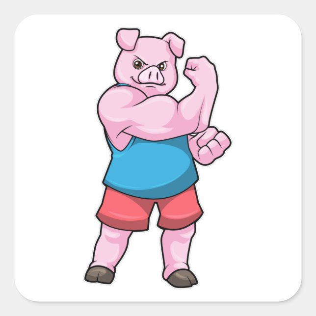 Schwein als Bodybuilder mit großem Oberarm Quadratischer Aufkleber (Vorderseite)