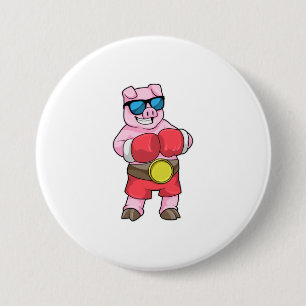 Schwein als Boxer mit Boxhandschuhen Button
