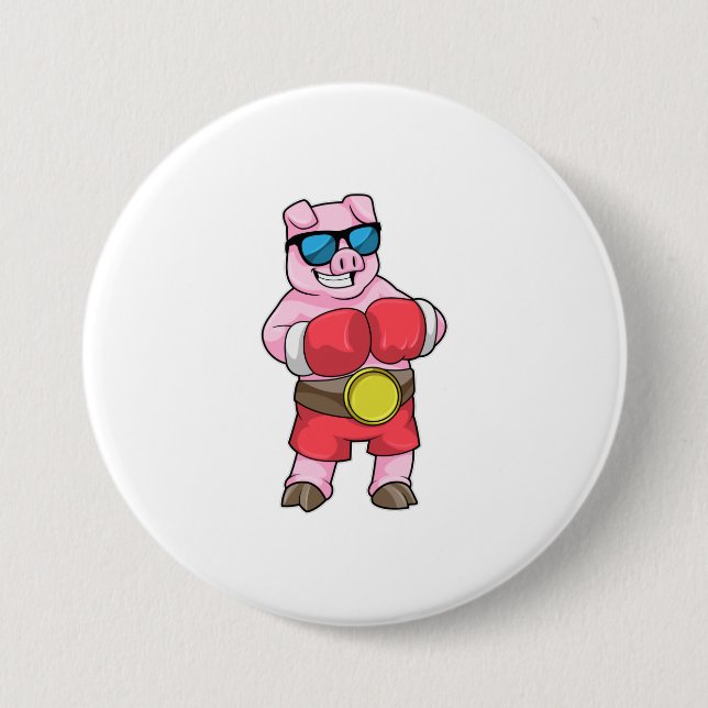 Schwein als Boxer mit Boxhandschuhen Button (Vorderseite)