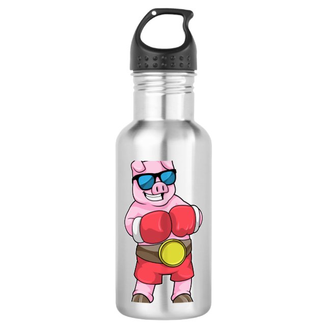 Schwein als Boxer mit Boxhandschuhen Edelstahlflasche (Vorderseite)