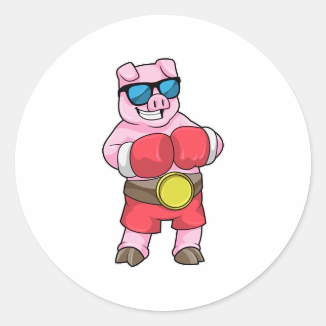 Schwein als Boxer mit Boxhandschuhen Runder Aufkleber (Vorderseite)