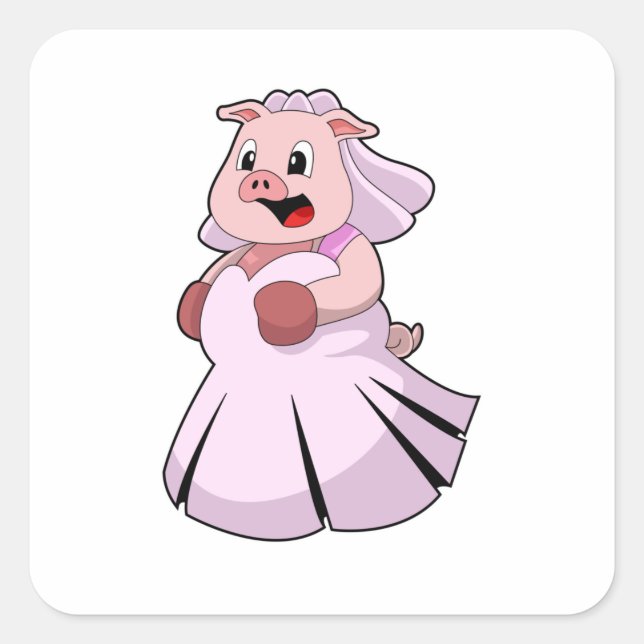 Schwein als Braut mit Hochzeitskleid.PNG Quadratischer Aufkleber (Vorderseite)