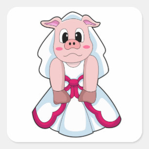 Schwein als Braut mit Hochzeitskleid Quadratischer Aufkleber