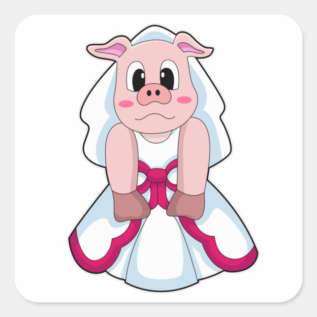 Schwein als Braut mit Hochzeitskleid Quadratischer Aufkleber (Vorderseite)