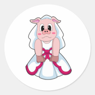 Schwein als Braut mit Hochzeitskleid Runder Aufkleber