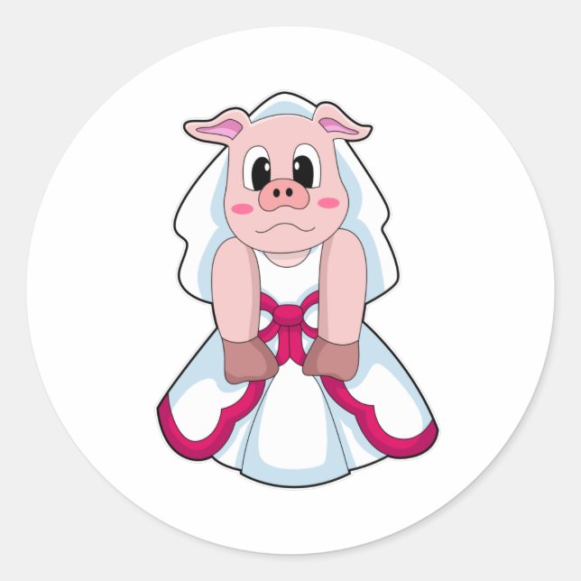 Schwein als Braut mit Hochzeitskleid Runder Aufkleber (Vorderseite)