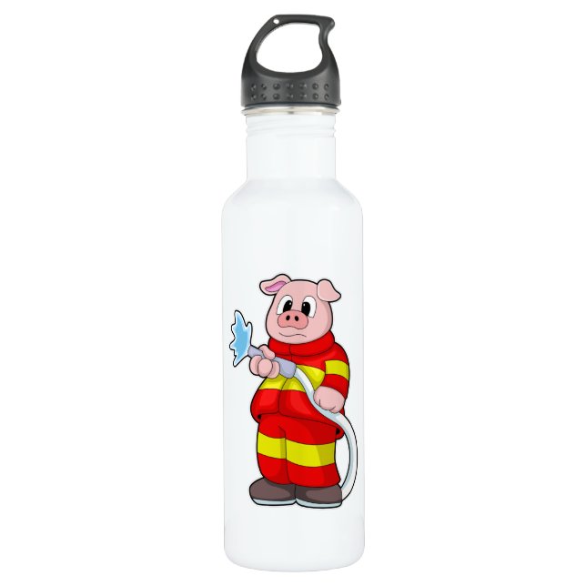 Schwein als Feuerwehrmann mit Schlauch Edelstahlflasche (Vorderseite)