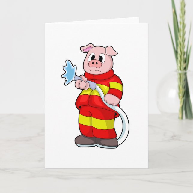 Schwein als Feuerwehrmann mit Schlauch Karte (Vorderseite)