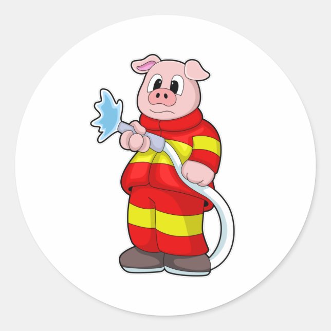 Schwein als Feuerwehrmann mit Schlauch Runder Aufkleber (Vorderseite)
