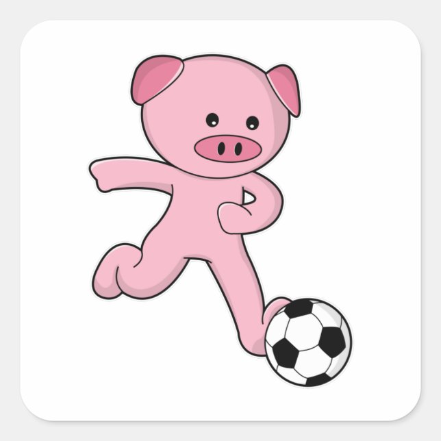Schwein als Fußballspieler mit Fußball Quadratischer Aufkleber (Vorderseite)