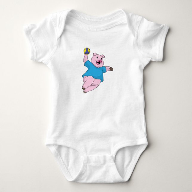 Schwein als Handballspieler mit Handball Baby Strampler (Vorderseite)