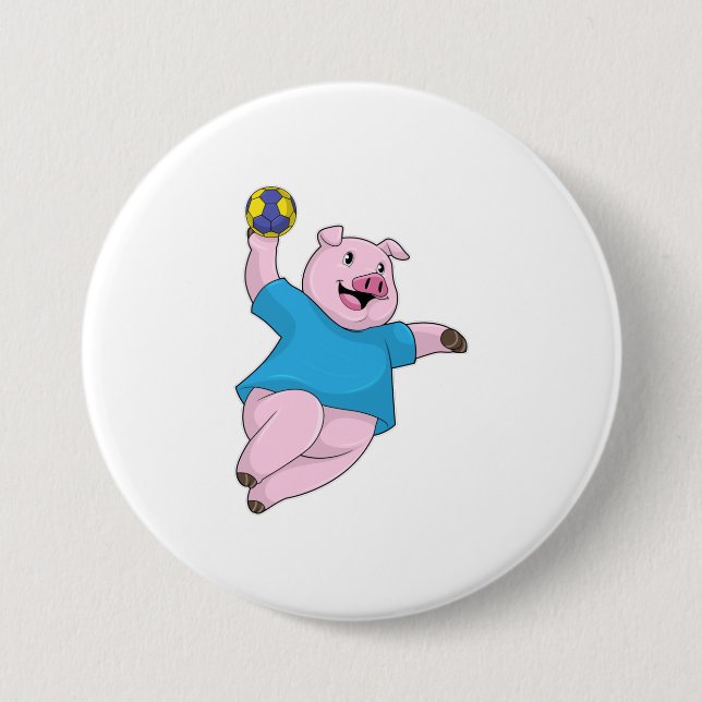 Schwein als Handballspieler mit Handball Button (Vorderseite)