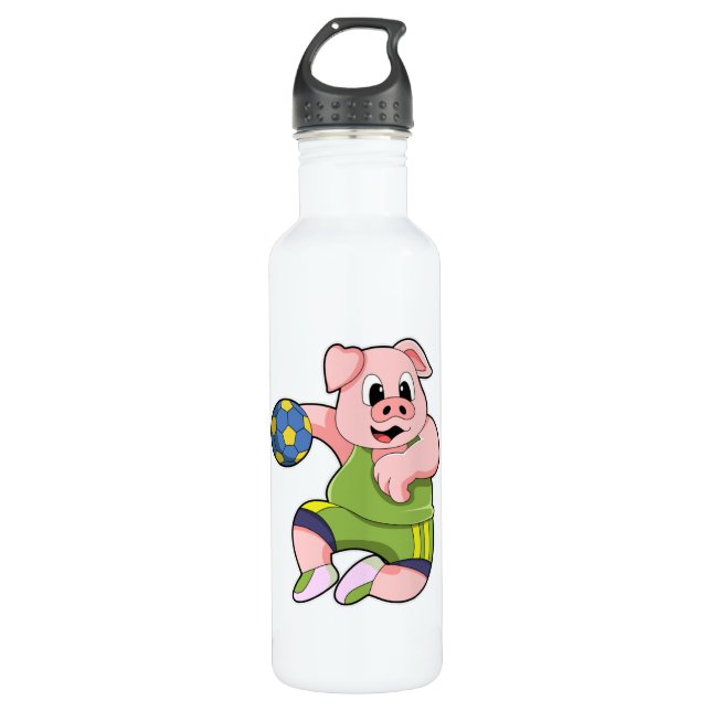 Schwein als Handballspieler mit Handball Edelstahlflasche (Vorderseite)