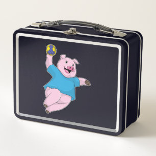 Schwein als Handballspieler mit Handball Metall Brotdose