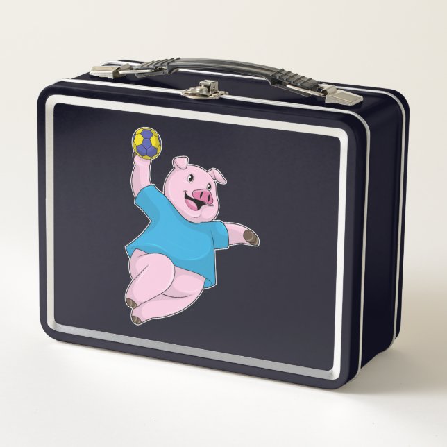 Schwein als Handballspieler mit Handball Metall Brotdose (Vorderseite)