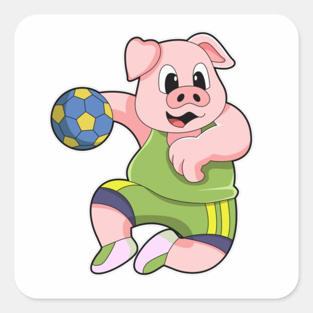 Schwein als Handballspieler mit Handball Quadratischer Aufkleber (Vorderseite)