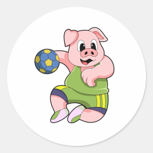 Schwein als Handballspieler mit Handball Runder Aufkleber (Vorderseite)