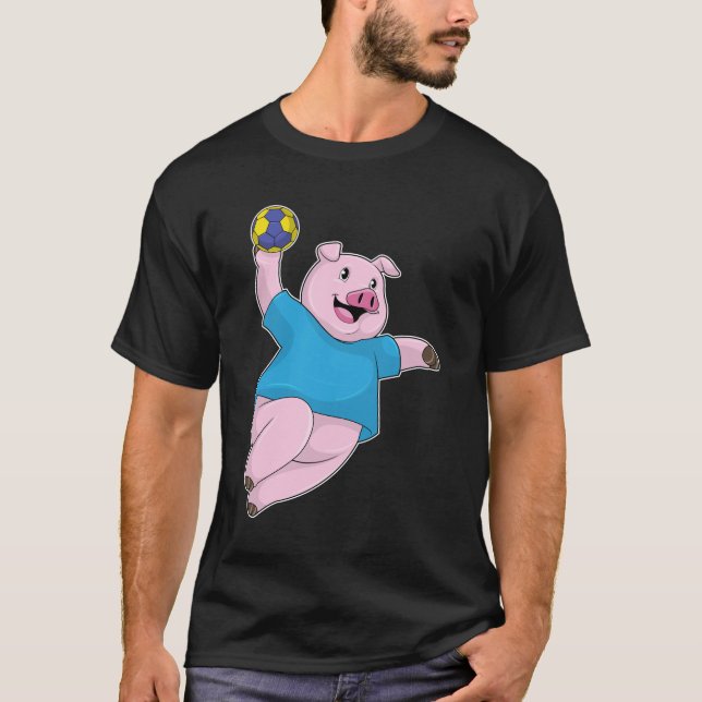 Schwein als Handballspieler mit Handball T-Shirt (Vorderseite)