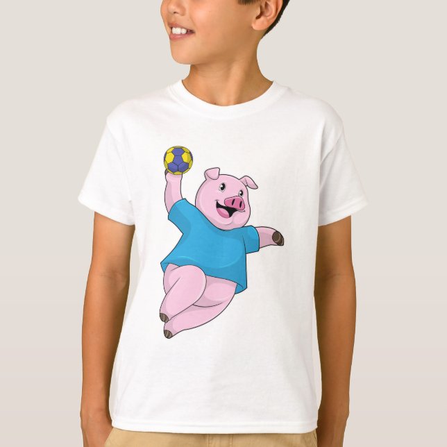 Schwein als Handballspieler mit Handball T-Shirt (Vorderseite)