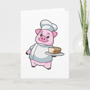 Schwein als Koch mit Tablett und Kuchen Karte