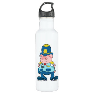 Schwein als Polizeibeamter mit Polizeibeamten und  Edelstahlflasche