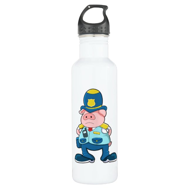 Schwein als Polizeibeamter mit Polizeibeamten und  Edelstahlflasche (Vorderseite)