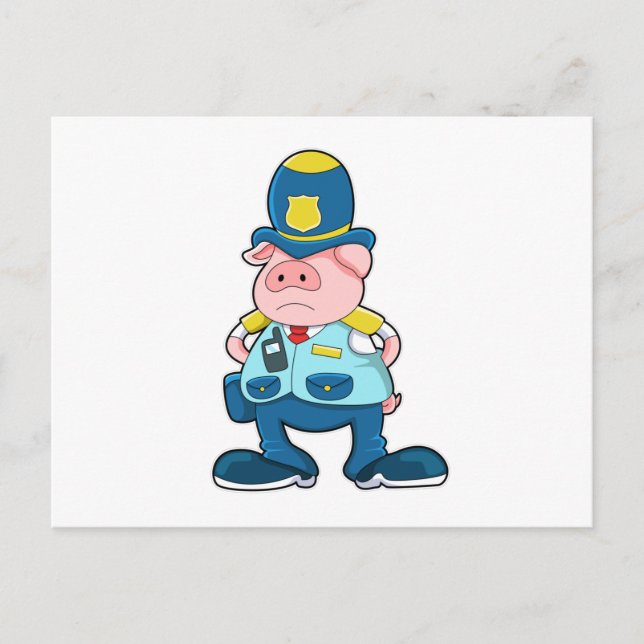 Schwein als Polizeibeamter mit Polizeibeamten und  Postkarte (Vorderseite)