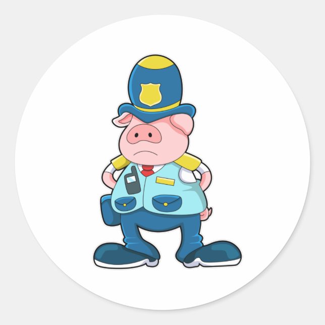 Schwein als Polizeibeamter mit Polizeibeamten und  Runder Aufkleber (Vorderseite)