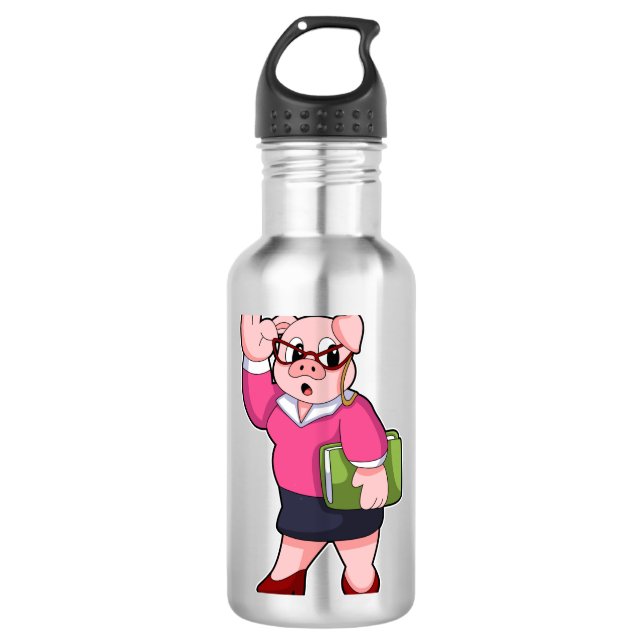 Schwein als Sekretär mit Brille Edelstahlflasche (Vorderseite)