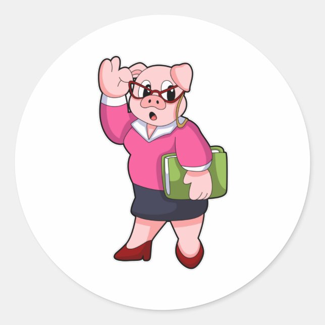 Schwein als Sekretär mit Brille Runder Aufkleber (Vorderseite)