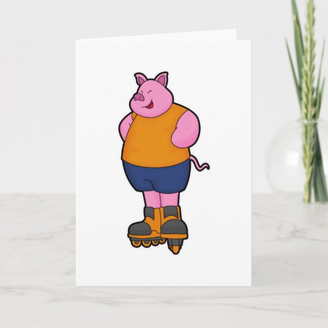 Schwein als Skater mit Inline-Skates Karte (Vorderseite)
