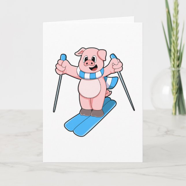 Schwein als Skifahrer mit Skiern und Skistöcken Karte (Vorderseite)