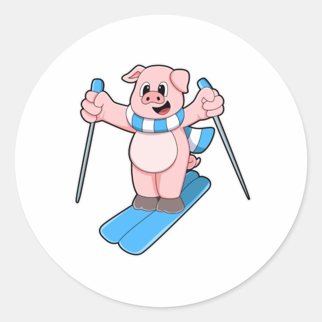 Schwein als Skifahrer mit Skiern und Skistöcken Runder Aufkleber (Vorderseite)