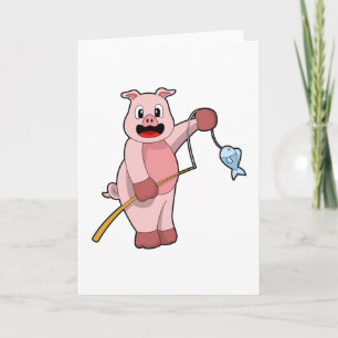 Schwein beim Angeln mit Angelrute und Fisch Karte