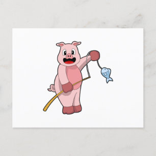 Schwein beim Angeln mit Angelrute und Fisch Postkarte