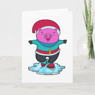 Schwein beim Eislaufen mit Schlittschuhen und Hut Karte
